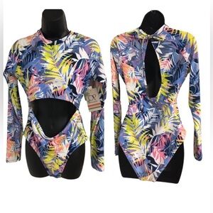 Ocean Pacific OP tropical print long‎ sleeve cutout rash guard swimsuit size XL